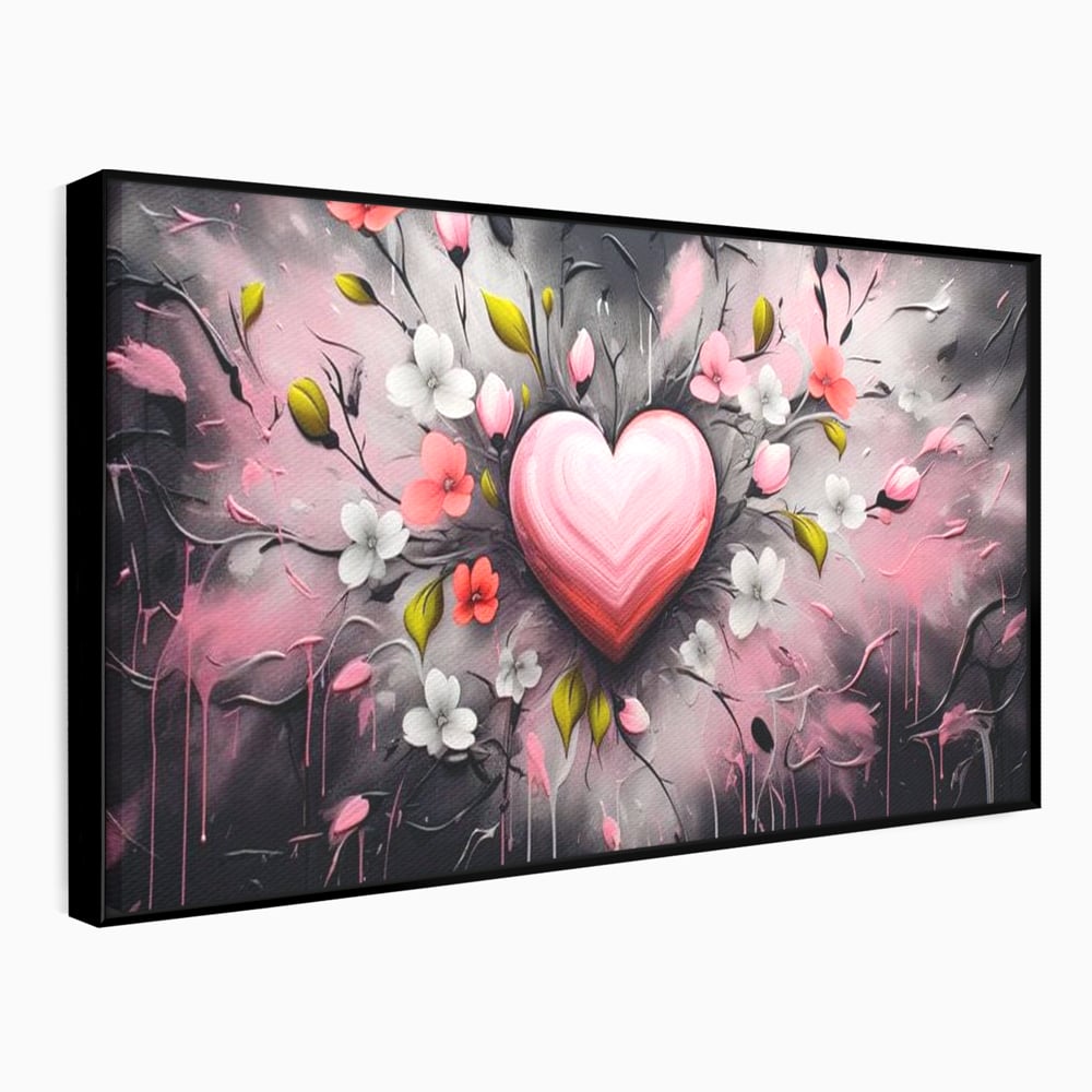 Tablou canvas cu tablou canvas cu inima roz si flori, in rama de aluminiu negru